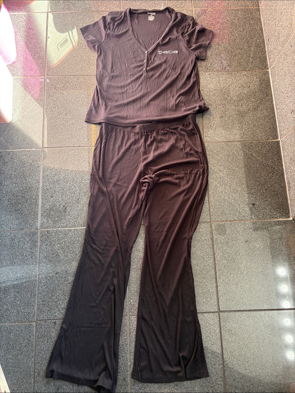 bebe Black V-Neck Two-Piece Pajama Set